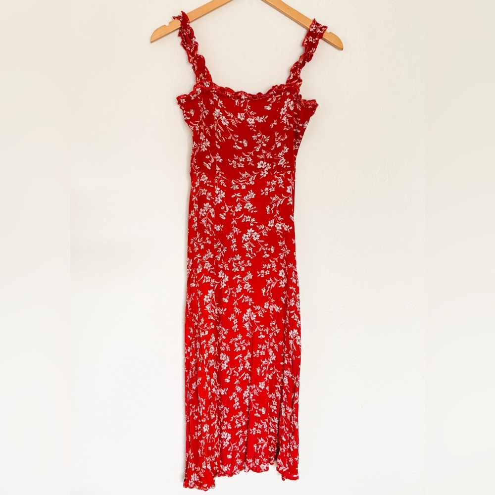 Lulus Garden Date Red Orange Floral Print Ruffle Midi Dress XXS